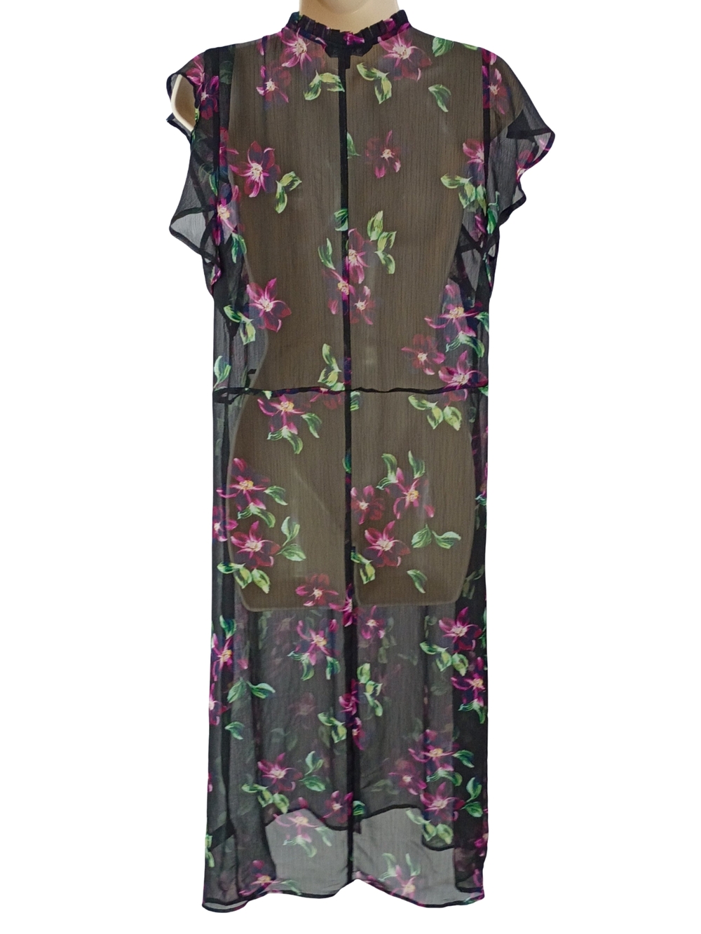Express Black Sheer Floral Button Down Midi Dress with Pink and Green Print - Picture 4 of 7
